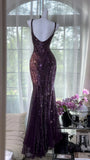 Grape Mermaid Spaghetti Straps Chiffon Sequin Long Prom Dress, Evening Dress HZ1024