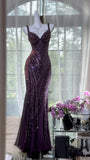 Grape Mermaid Spaghetti Straps Chiffon Sequin Long Prom Dress, Evening Dress HZ1024