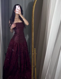 Shiny A Line Strapless Satin Tulle Sequin Long Prom Dress, Evening Dress HZ1024