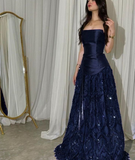 Shiny A Line Strapless Satin Tulle Sequin Long Prom Dress, Evening Dress HZ1024