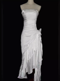 Vintage High Low Straps Ruffles White Prom Dresses HZ1024