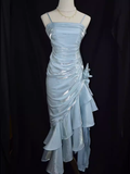 Vintage High Low Straps Ruffles Light Sky Blue Prom Dresses HZ1024