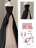Strapless Satin Pearls Tulle Long Prom Dresses Party Dress HZ1024