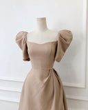 Vintage A line Midi Dress Brown Homecoming Dress HZ1024