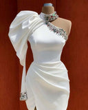 Cute A line One Shoulder White Satin Short Homecoming Dress 19th Birthday Outfits HZ1024