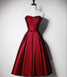 A Line Strapless Burgundy Satin Tea Length Prom Dresses Homecoming Dress HZ1024