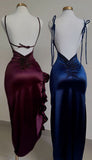 Vintage Mermaid Spaghetti Straps Custom Silk Satin Blue Long Prom Dresses HZ1024