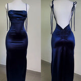 Vintage Mermaid Spaghetti Straps Custom Silk Satin Blue Long Prom Dresses HZ1024