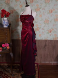 Vintage Mermaid Halter Burgundy Flowers Long Prom Dresses HZ1024