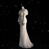 Fairytale White Satin Wedding Dress Ivory Satin Sequins Puff Sleeve Wedding Dress HZ1024