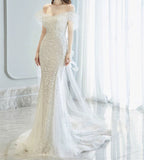 Fairytale Wedding Dress White Mermaid Off The Shoulder Short Sleeves Wedding Dresses HZ1024