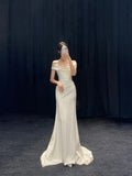 Chic Mermaid Off The Shoulder Short Sleeves Long Satin Wedding Dresses HZ1024