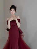 Sexy Mermaid Off The Shoulder Short Sleeves Burgundy Prom Dress Satin Birthday Outfits HZ1024