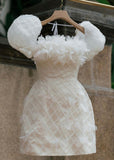 Simple A Line Strapless Puffy Sleeves Short Birthday Outfits White Homecoming Dress HZ1024