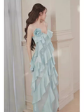 Simple A Line Spaghetti Straps Sleeveless Slit Chiffon Prom Dress HZ1024