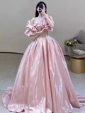 Simple Ball Gown Off The Shoulder Pink Long Prom Dresses HZ1024