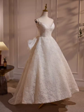 Fairytale High Low Spaghetti Straps Lace White Wedding Dresses HZ1024