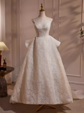 Fairytale High Low Spaghetti Straps Lace White Wedding Dresses HZ1024