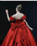 Simple Ball Gown Red Satin Long Prom Dresses HZ1024