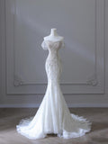 Elegant Mermaid Off The Shoulder White Long Tulle Wedding Dresses With Beads HZ1024
