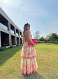 Modest Ball Gown Spaghetti Straps Pink Flowers Long Prom Dress HZ1024