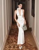 Simple Mermaid Sleeveless Satin White Long Prom Dresses HZ1024