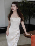 Vintage Mermaid Sleeveless Silk Satin Long Prom Dresses HZ1024