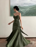Vintage Sheath Straps Green Satin Long Prom Dresses HZ1024
