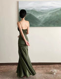 Vintage Sheath Straps Green Satin Long Prom Dresses HZ1024