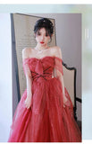 Simple A line Off The Shoulder Long Red Tulle Prom Dresses HZ1024
