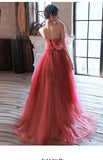 Simple A line Off The Shoulder Long Red Tulle Prom Dresses HZ1024