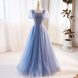 A line Short Sleeves Long Tulle Blue Prom Dress HZ1024