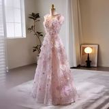Modest A line Straps Tulle Long Pink Prom Dress HZ1024