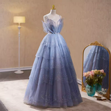 Luxury A line Straps Long Sequin Blue Prom Dress HZ1024