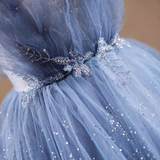 Luxury A line Straps Long Sequin Blue Prom Dress HZ1024