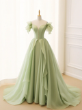 A-Line Sage Green Tulle Long Prom Dress HZ1024