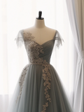 A-Line Sweetheart Neck Tulle Lace Gray Blue Long Prom Dress HZ1024