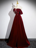 A-Line Velvet Burgundy Long Prom Dress HZ1024