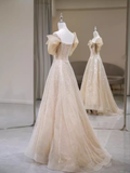 Sparkly A Line Off The Shoulder Champagne Sequin Long Prom Dress HZ1024
