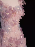 Sparkly A Line Straps Pink Floral Long Prom Dress HZ1024