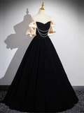 A-Line Black Velvet Long Prom Dress HZ1024