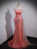 Sparkly Mermaid Strapless Pink Long Prom Dress HZ1024