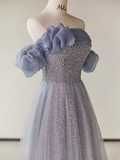 Simple A line Strapless Short Sleeves Tulle Long Prom Dress HZ1024