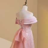 Simple A line Off The Shoulder Short Sleeves Pink Long Prom Dress HZ1024