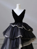 Ball Gown Black V Neck Tulle Velvet Sweet 16 Dress HZ1024