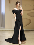 Simple Off Shoulder Satin Mermaid Black Long Prom Dress HZ1024