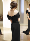 Simple Off Shoulder Satin Mermaid Black Long Prom Dress HZ1024