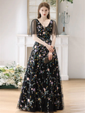 Black A-Line Tulle Lace Long Prom Dress HZ1024