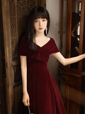 Simple V Neck Velvet Burgundy Long Prom Dress HZ1024