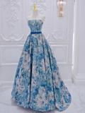 A-Line Flower Satin Blue Long Prom Dress HZ1024